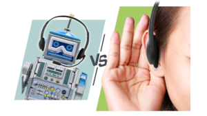 Illustration comparing an emotionless robot wearing a headset and a human listening