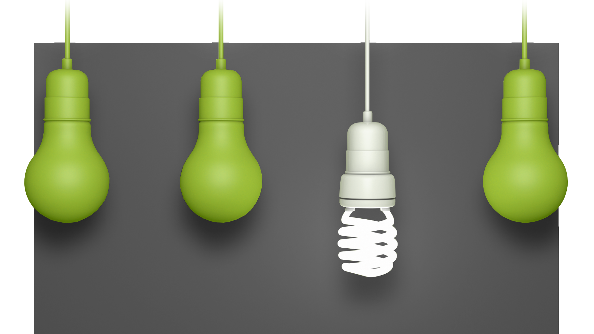 4 light bulbs with one glowing